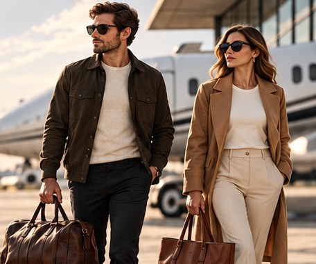 Man and woman in Modern American travel looks beside an aircraft