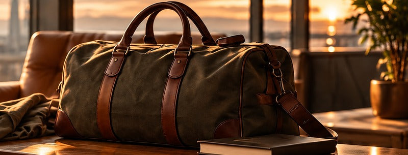 Western Cadence olive canvas and brown leather weekender bag in a warm contemporary lounge